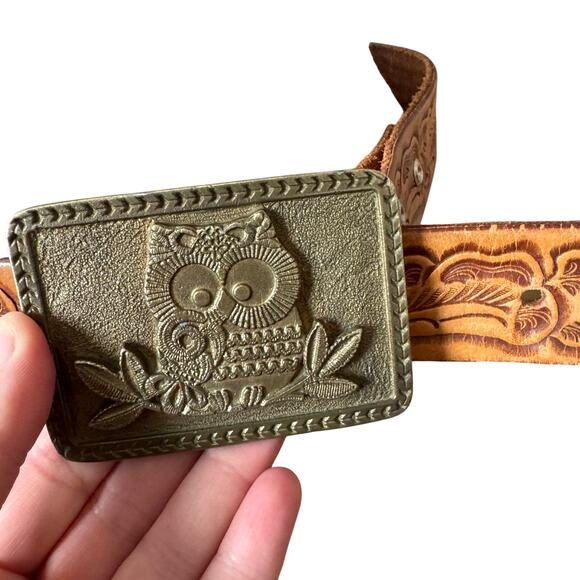 Vintage Western Tooled leather belt w owl belt buckle main image 6